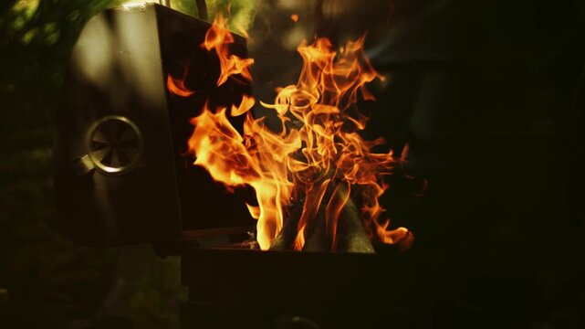 Bright flames burning inside a metal grill during evening time outdoors