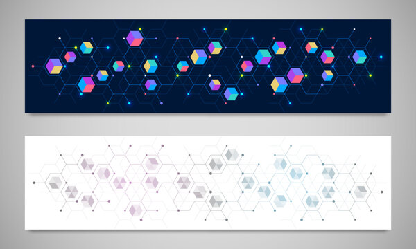 Digital hexagonal grid with cubes modern technology header background