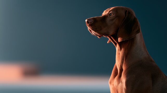 Profile of a focused brown dog with smooth coat sitting attentively against a dark blurred background with warm lighting on its face and neck