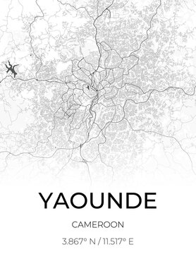 White poster featuring a black and white map of Yaounde, Cameroon, with streets, districts and road network.