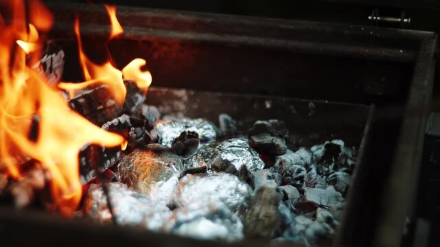 Bright orange flames burn wood and charcoal in a metal grill during a daytime outdoor barbecue