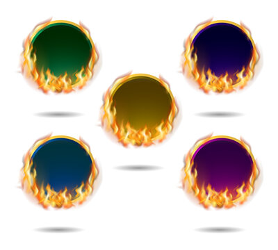 Set of circular burning badges with colorful gradients transparent background