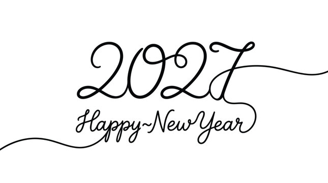 Continuous line art 2027 happy new year handwritten lettering, minimalist vector illustration