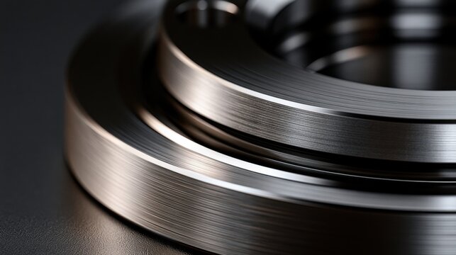 Shiny metal rings stacked on a dark surface with brushed texture reflecting light in an industrial close-up composition