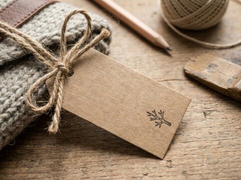 craft product provenance tag closeup Kraft tag attached to a rustic gift wrapped with twine on a wooden table.