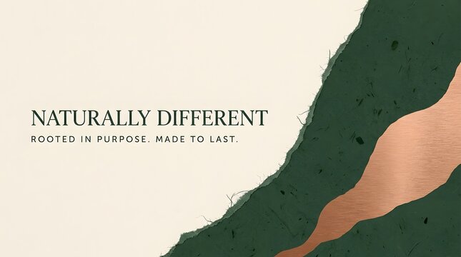 Naturally Different Branding Background with Organic Green and Copper Shapes, Textured Paper Edges, and Copy Space for Sustainable Product Marketing
