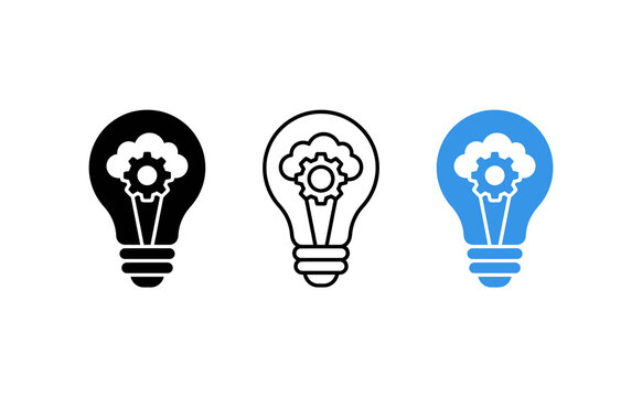 Innovation light bulb icons with gear and cloud, creative thinking and problem solving concept, set of 3 technical idea symbols