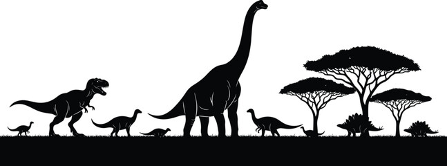 Dinosaur Silhouette Set brachiosaurus, tyrannosaurus rex, stegosaurus, trees, minimalist, isolated on white background solid vector collection © Mukta