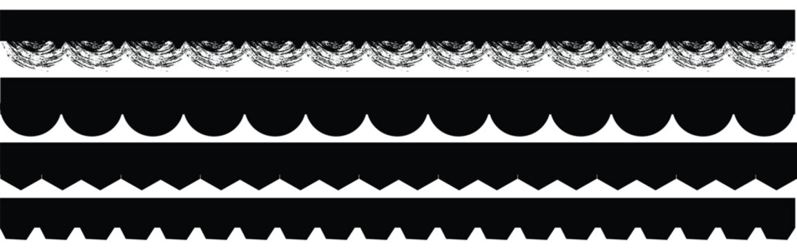 Scalloped edge seamless set. borders and dividers. Simple scalloped border. scallop divider. Repeat cute vintage frill ornament. Texture ribbons. stripe, tape collection isolated on white background.
