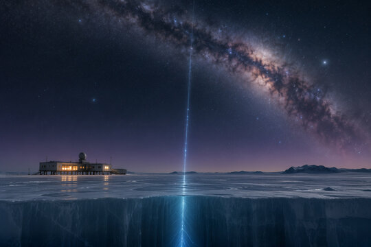 IceCube Antarctic research station on polar ice with descending Cherenkov particle trail under Milky Way night sky neutrino science discovery Nobel Prize astrophysics imagery