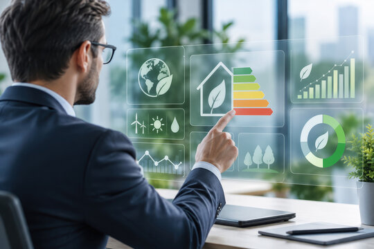 Business executive analyzing interactive energy efficiency dashboard with sustainability metrics, efficiency rating bars, carbon reduction charts for corporate decision making