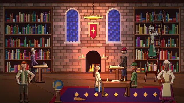 Medieval Library Scriptorium Scribes Bookshelves Fireplace Candlelight