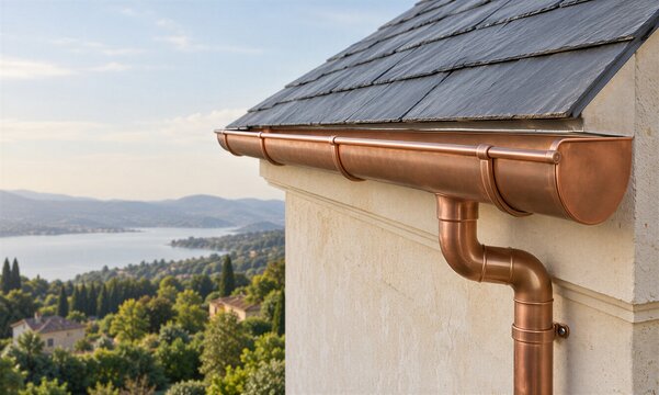 Copper half round rain gutter and round downpipe beneath a slate roof on a stone house overlooking a lake. Architectural detailing and residential rainwater management with space for advertising text.