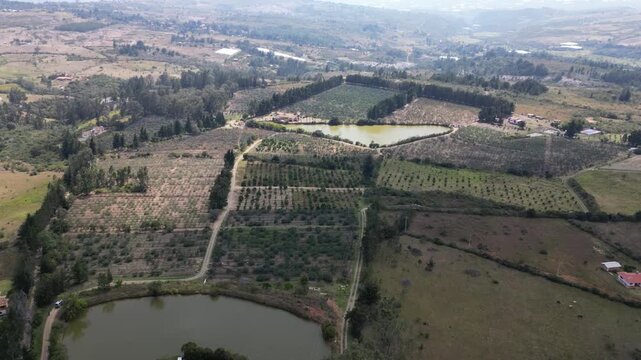 Aerial Drone Footage of Green Countryside, Agricultural Fields, and Mountain Landscapes in Villa de Leyva, Boyaca, Colombia
