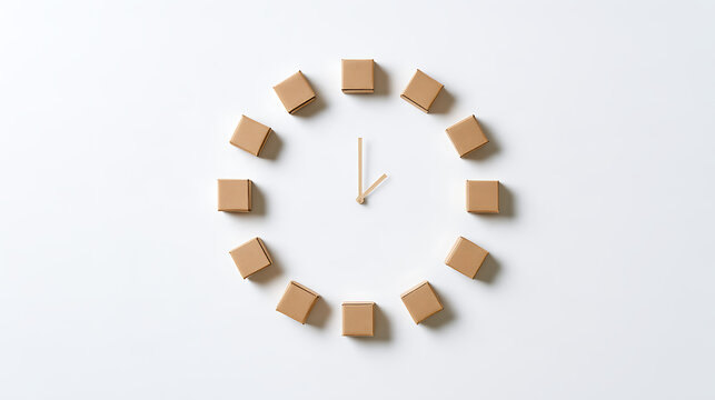 A conceptual clock face made of small cardboard delivery boxes arranged in a circle with clock hands on a clean minimal white background wall