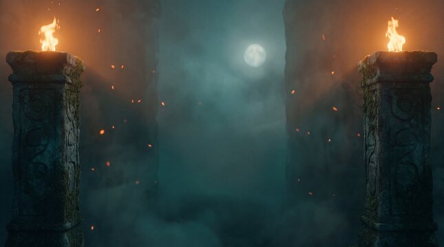 Two flaming stone pillars framing an empty column of moonlit fog in the centre for a centred title