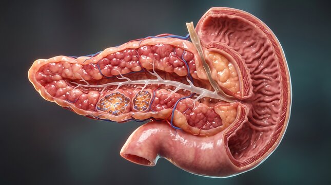 Anatomical cross section model of human pancreas and duodenum with gastrointestinal