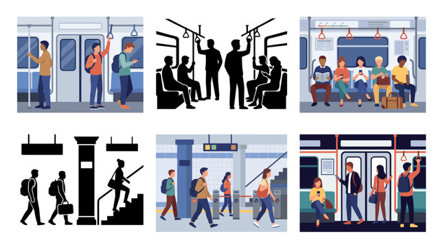 Set of vector collection featuring different styles of people riding the subway, including passengers standing inside train carriages, sitting on subway seats, holding handrails