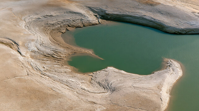 Aerial view of a dramatic drought landscape with cracked arid earth and a receding green water reservoir showcasing climate change impact