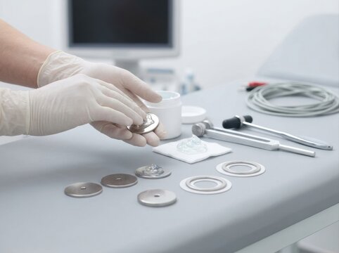 industrial firewall control cabinet closeup Hands in gloves handling hearing aid components on a medical table.