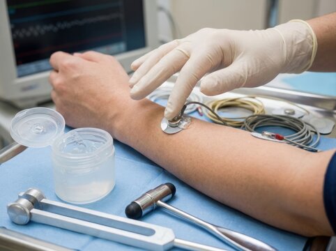 industrial firewall control cabinet closeup Medical professional placing electrodes on a patient's forearm for diagnostic testing.