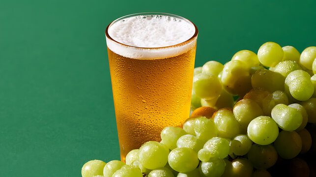 A tall cold glass of golden beer with white foam stand next to a fresh cluster of sweet green grapes Vitis vinifera on a green background