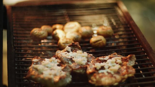 Grilling meat and mushrooms with garlic on a hot metal barbecue grill during evening time outdoors