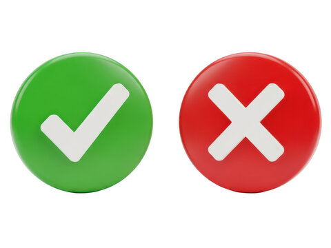 Green check mark and red cross sign icons isolated on transparent background