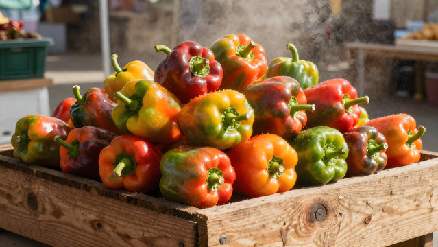 Fresh Peppers In Wooden Box At Outdoor Market Display - Vibrant Colors And Rustic Charm