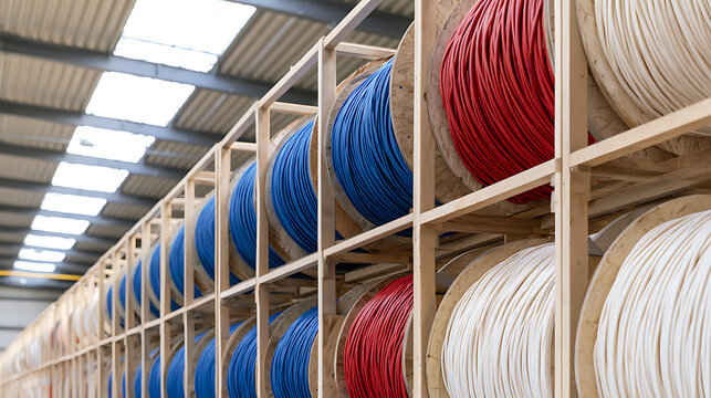 Large warehouse interior view showcasing wooden racks stocked with rows of heavy wooden spools loaded with colorful industrial electric cable