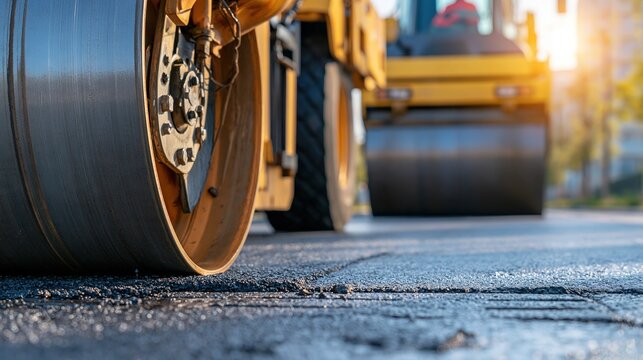 Yellow road roller compacting asphalt pavement, Close-up construction equipment texture, Heavy industry roadwork construction banner