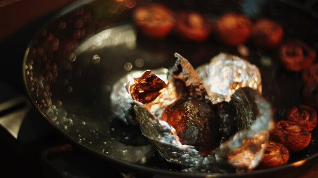Mushrooms and foil wrapped potatoes cooking inside large black pan on stove during meal time