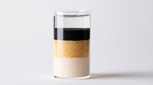 A tall glass cylinder displays a fascinating density column science experiment with distinct layers of water, black sand, coarse salt, and fine sand