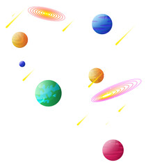 Cartoon style colorful planets and glowing spiral galaxies floating in space transparent background © PNG Stock Studio