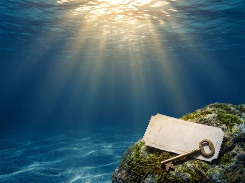 Old key and tag resting on an underwater rock