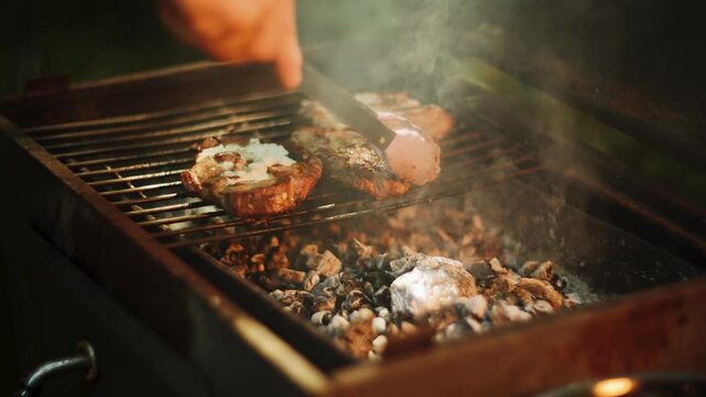 Grilling juicy meat steaks over hot charcoal with metal tongs outdoor during daytime