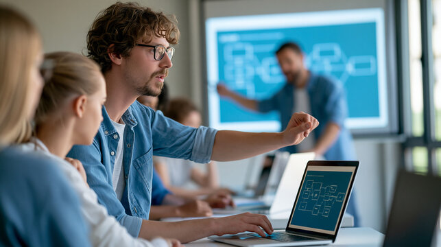 Database management training session with a professional instructor demonstrating relational schemas on a projected screen, students learning SQL concepts, technical education,