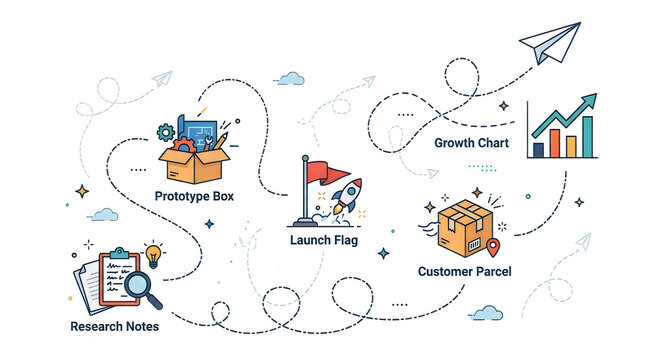 Flat business journey infographic with startup growth icons, customer parcel box, launch flag, research notes, prototype elements, and growth chart for startup marketing presentations isolated