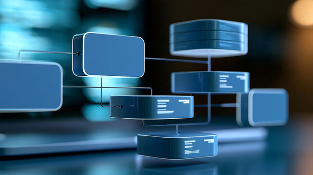 Digital illustration of a normalized database with clearly separated but connected entities, organized records, logical data relationships, relational database design, structured