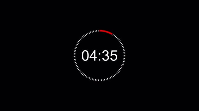 5 minute Countdown Digital Timer Animation, five minute Countdown Timer Animation from 5 minute to 0 second on black background.