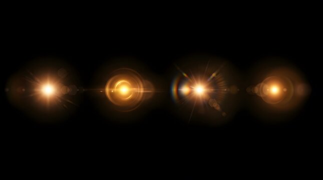 A series of four vintage incandescent light bulbs glowing warmly against a stark black background creating a dramatic effect