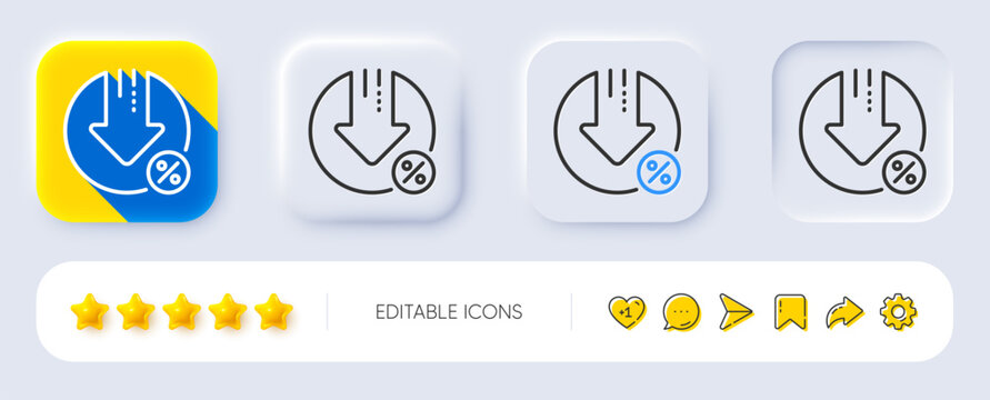 Loan percent decrease line icon. Neumorphic, Flat shadow, 3d buttons. Discount sign. Credit percentage symbol. Line loan percent icon. Social media icons. Vector