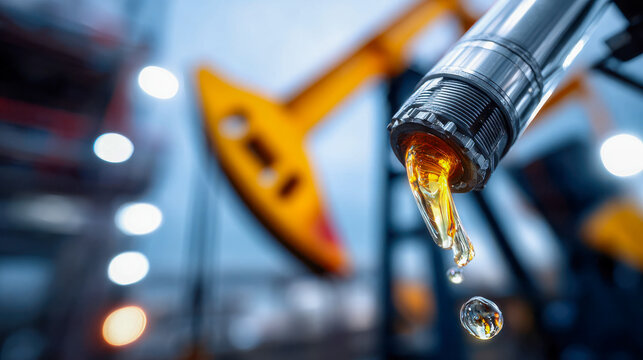 Golden oil drips from a threaded metal pipe in front of a blurred pumpjack, illustrating petroleum extraction, fluid flow and energy supply