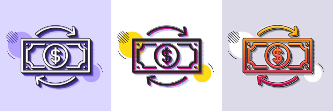 Money change line icon. Halftone dotted pattern. Gradient icon with grain shadow. Currency exchange sign. Financial reinvestment symbol. Line money change icon. Various designs. Vector