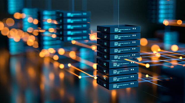 Futuristic information architecture illustration showing relational database tables suspended within a glowing digital network, structured records, interconnected entities, cloud