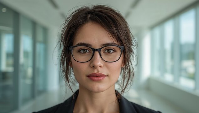 A woman standing in a room wearing glasses, perfect for a variety of settings where a bespectacled woman is needed