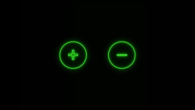 Collection of glowing neon green plus and minus sign animations on a black background, mathematics, user interface, or web design
