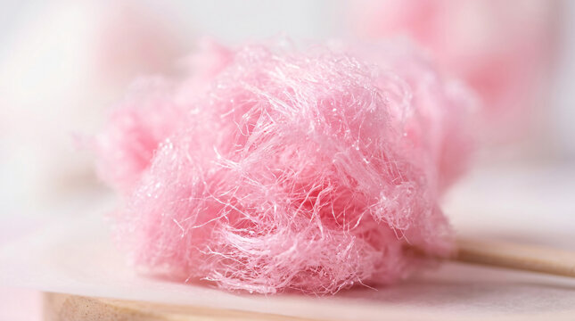 Macro photography of sweet pink cotton candy on wooden stick in studio closeup