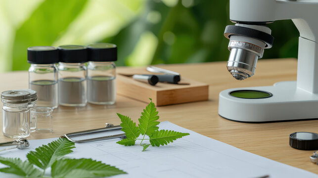 Microscope is positioned on wooden table, surrounded by glass vials, pen, and green leaves, suggesting plant survey or scientific research