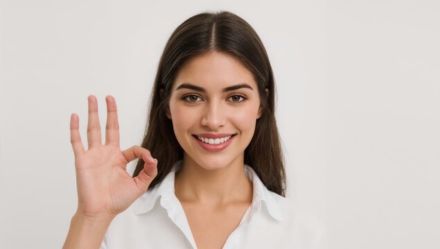 A woman in a white shirt is making an OK sign, a classic gesture of approval or agreement